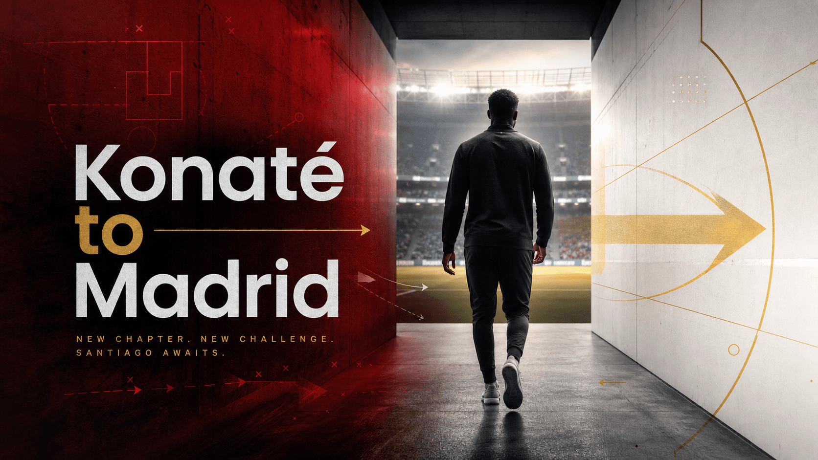 Editorial graphic representing Ibrahima Konaté’s move from Liverpool to Real Madrid.