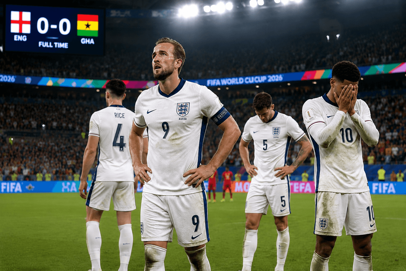 England players look frustrated after a tense World Cup draw against Ghana under bright stadium lights