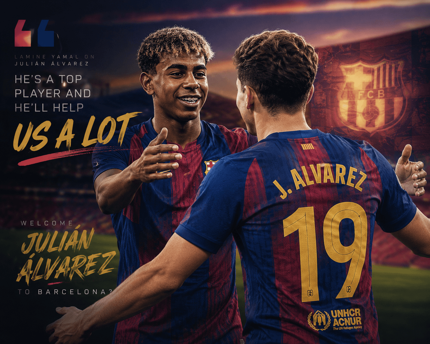 Conceptual image of a Barcelona player welcoming another player, representing Lamine Yamal's comments on Julián Álvarez.