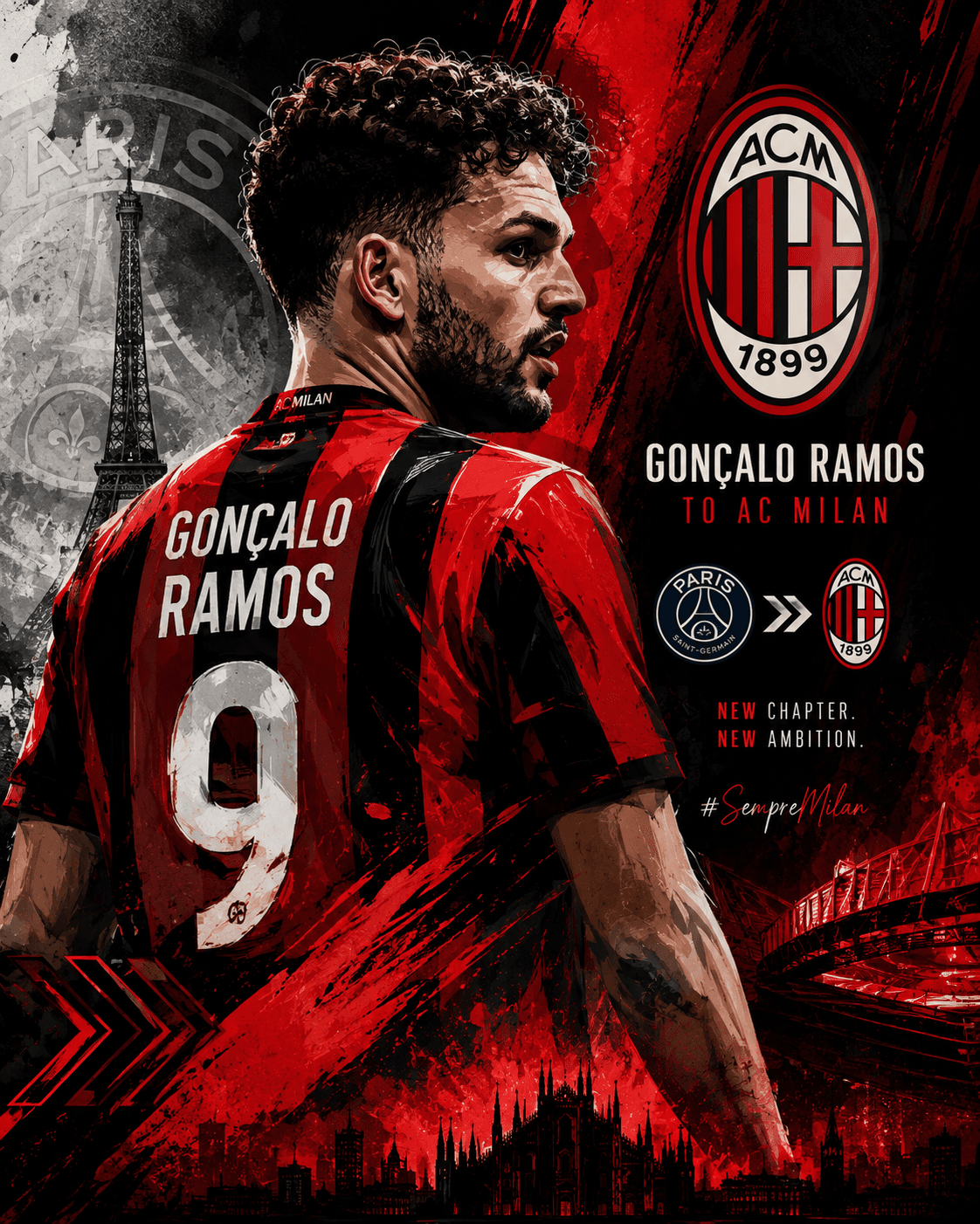 Abstract art of a footballer in red and black, representing Gonçalo Ramos's transfer to AC Milan from PSG.