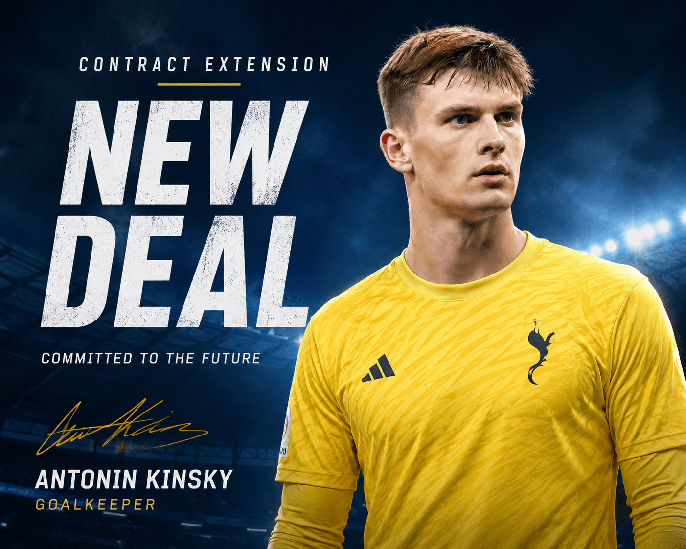 Editorial football image for Tottenham goalkeeper Kinsky signs new deal. Avoid real club badges, sponsor logos, and identifiable players unless licensed.