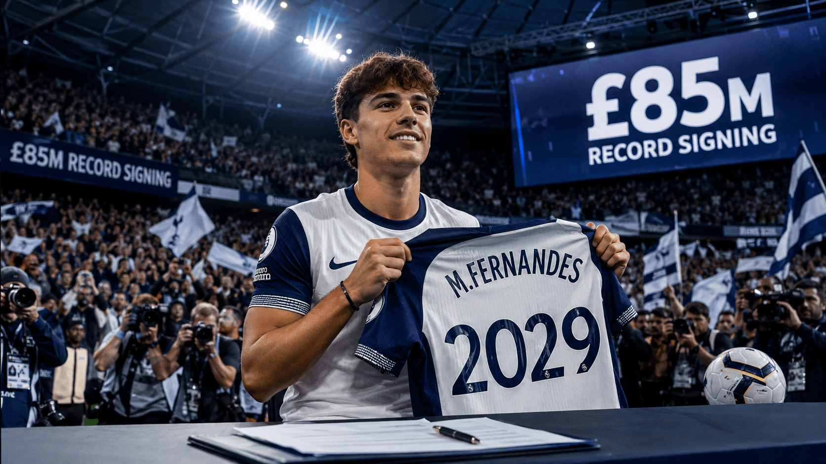 A young footballer wearing a white-and-navy kit sits at a signing table inside a packed stadium, holding up a jersey marked “M. Fernandes 2029.” Bright floodlights illuminate the scene as photographers crowd around taking pictures. Large digital screens in the background display “£85M Record Signing,” while fans wave flags and celebrate, creating the atmosphere of a major football transfer announcement.