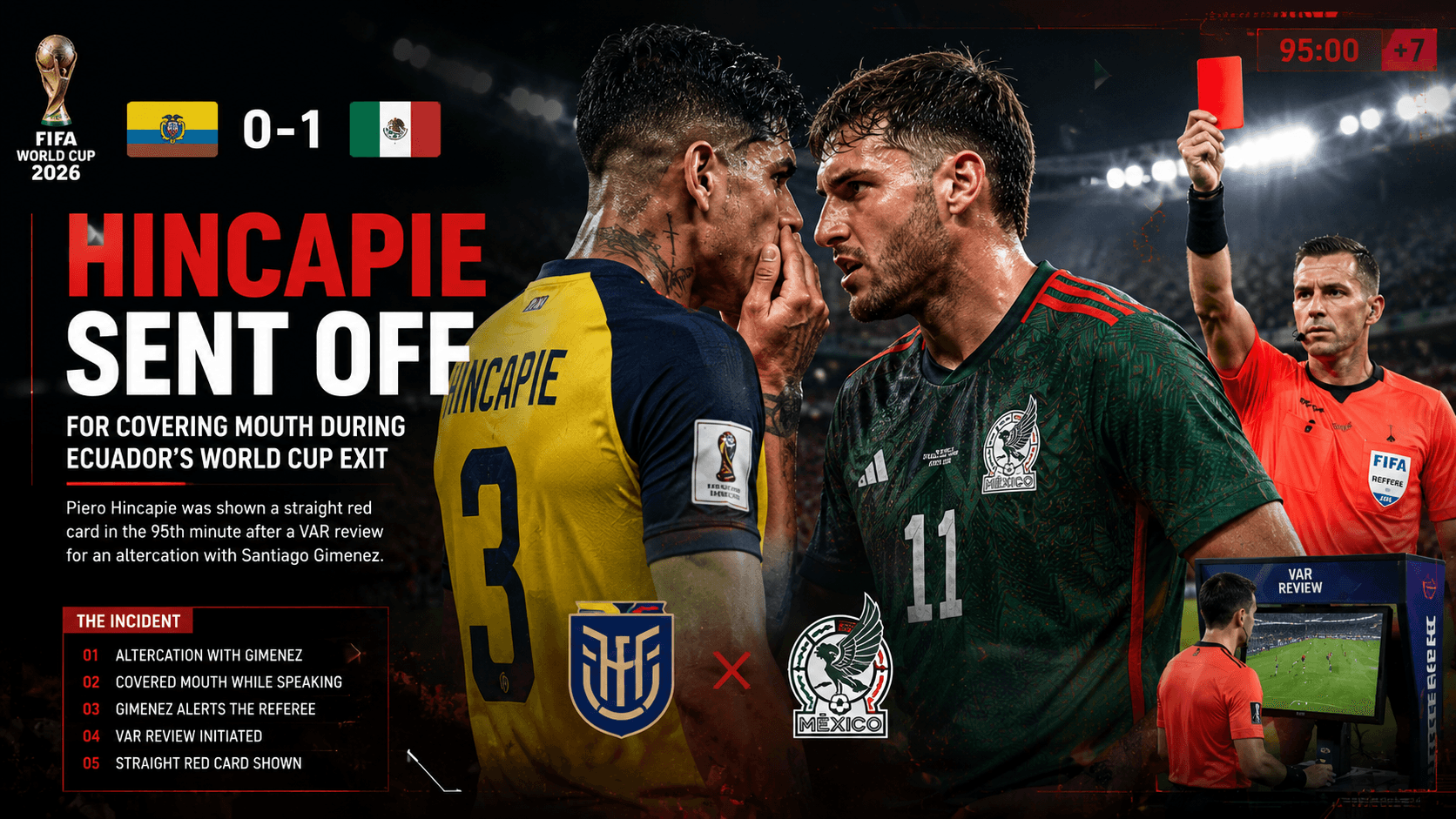 Football news graphic depicting a heated confrontation between an Ecuador defender and a Mexico forward during a World Cup match. The players stand face-to-face under bright stadium floodlights while a referee raises a red card after a VAR review. The design includes match graphics, a timeline of the incident, and bold editorial-style typography highlighting the dismissal.