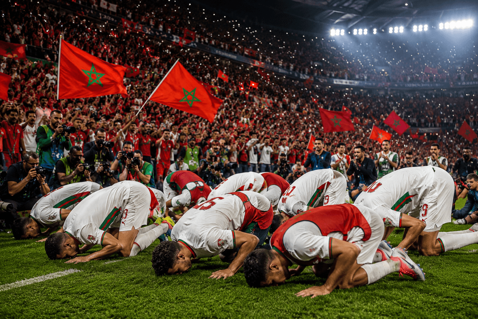 Morocco national team players kneel and kiss the pitch in front of thousands of celebrating supporters waving Moroccan flags after securing qualification for the FIFA World Cup Round of 16.