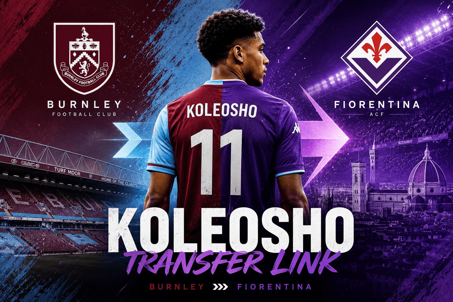 Luca Koleosho transfer-themed editorial graphic linking Burnley and Fiorentina.