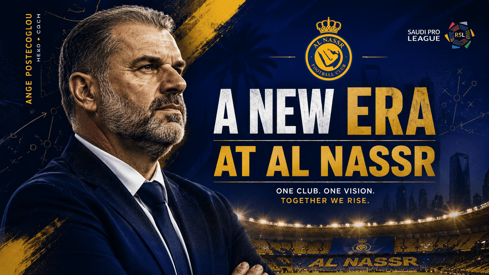 Editorial banner showing Ange Postecoglou and Cristiano Ronaldo alongside Al Nassr branding following the manager's appointment.