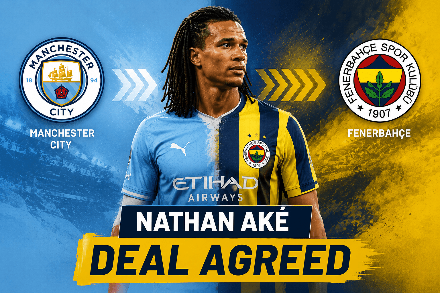 Football transfer announcement graphic showing a generic defender moving from a sky-blue themed stadium setting toward a yellow-and-navy themed environment, symbolising Nathan Ake's expected move from Manchester City to Fenerbahce.