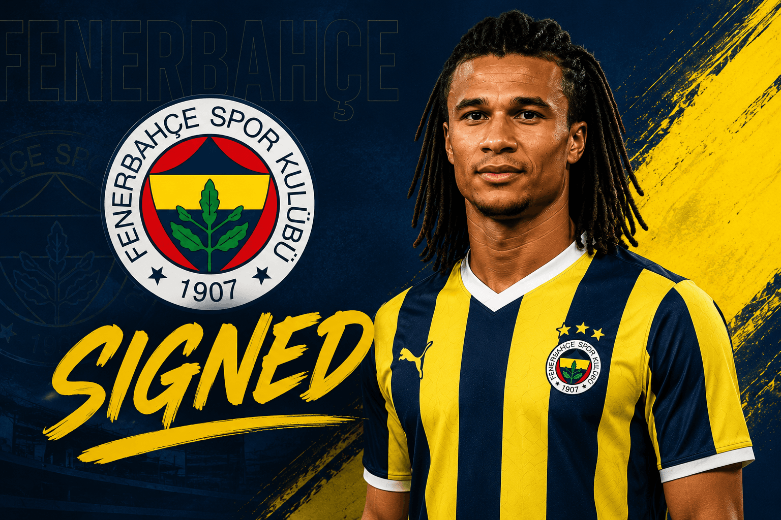 Nathan Aké transfer announcement graphic showing the defender moving from Manchester City to Fenerbahçe.