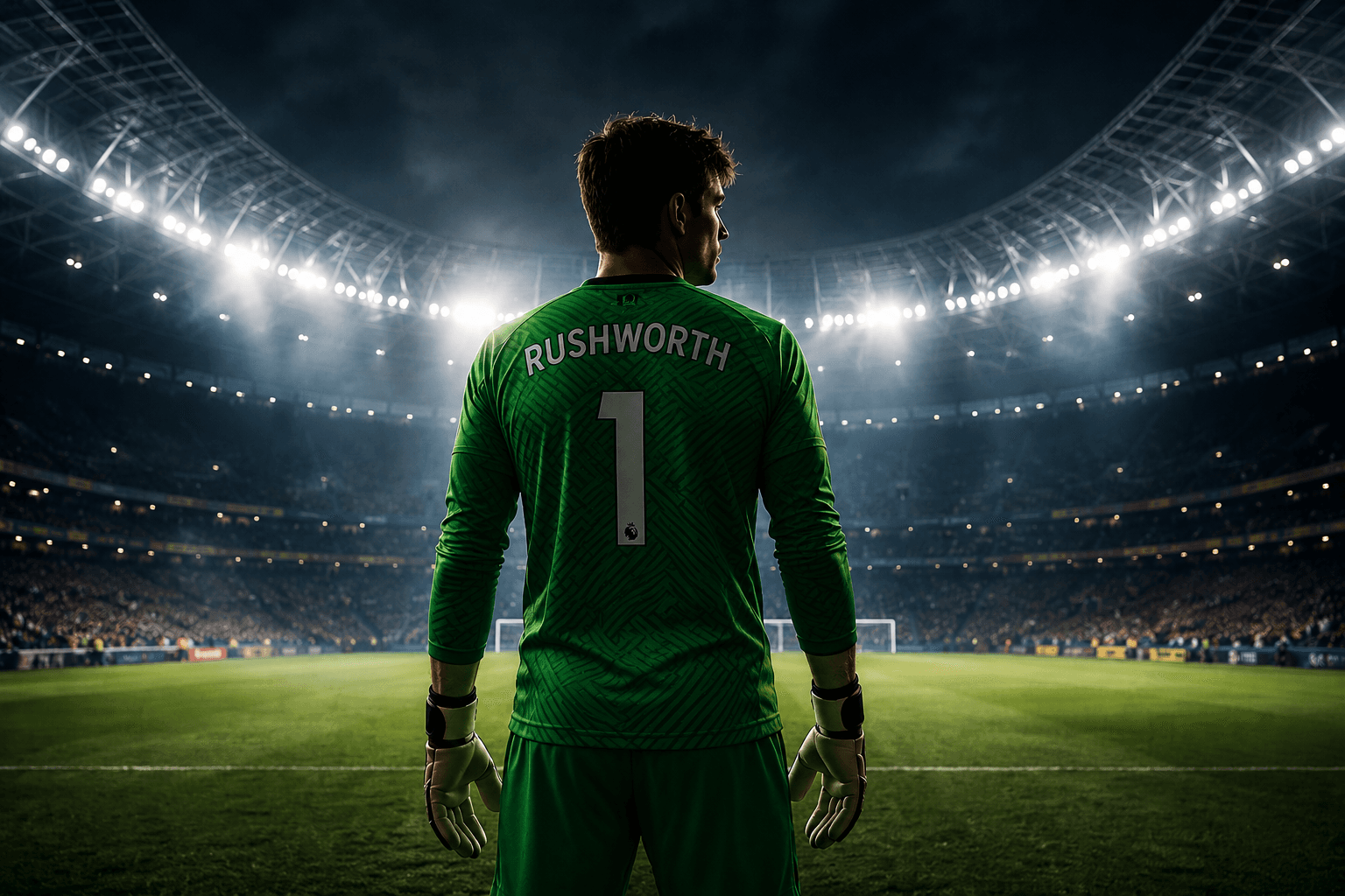 Silhouetted goalkeeper standing in a floodlit stadium amid transfer speculation.