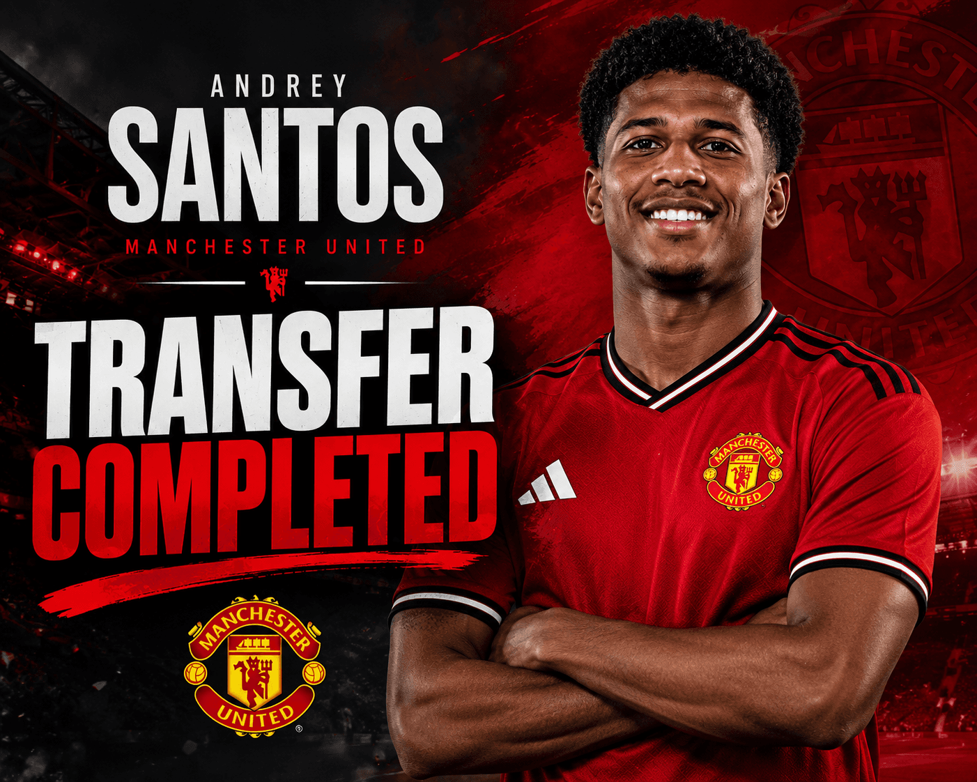 Andrey Santos celebrates his move to Manchester United in a transfer announcement graphic.