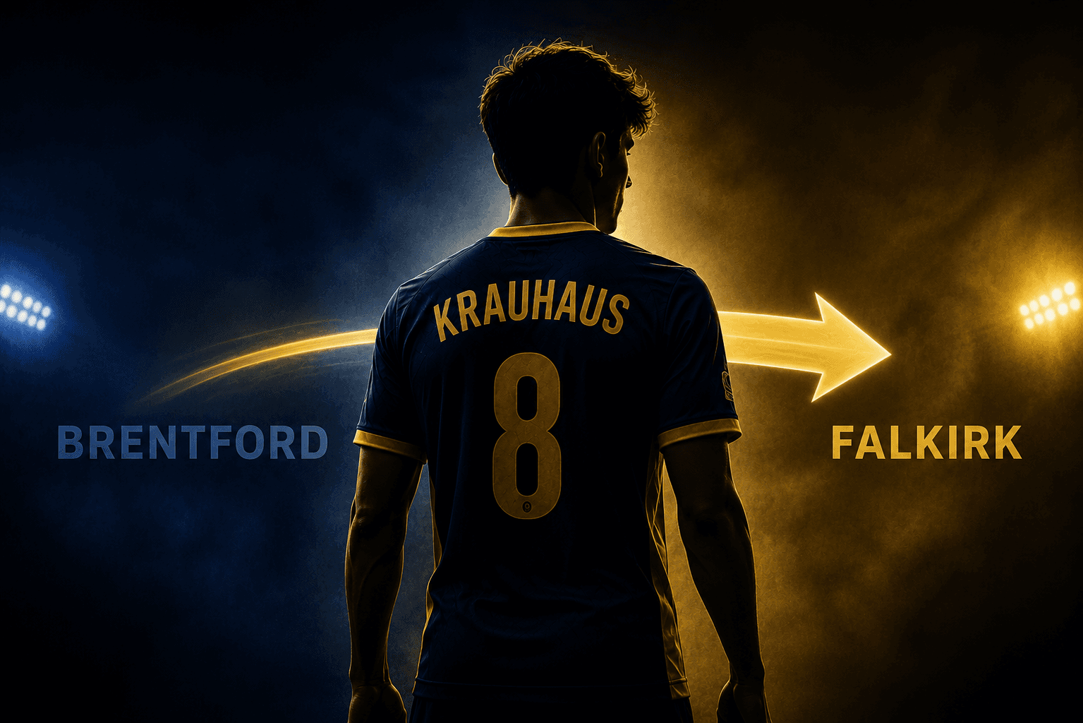 Silhouetted midfielder in Falkirk-inspired colours beneath stadium floodlights representing Ben Krauhaus' loan move.