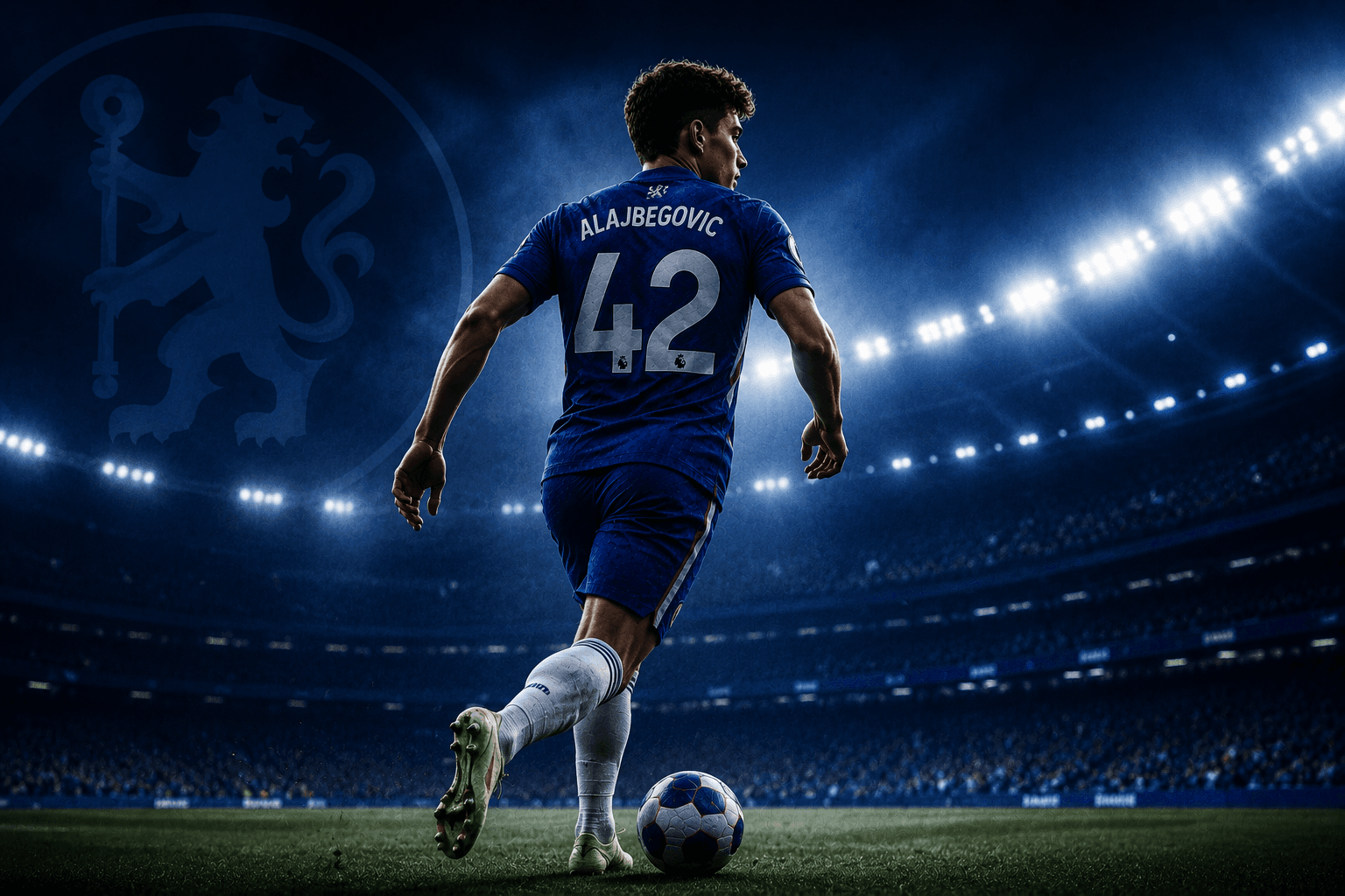Silhouetted young attacking midfielder walking toward a floodlit stadium, symbolising a potential move to the Premier League.