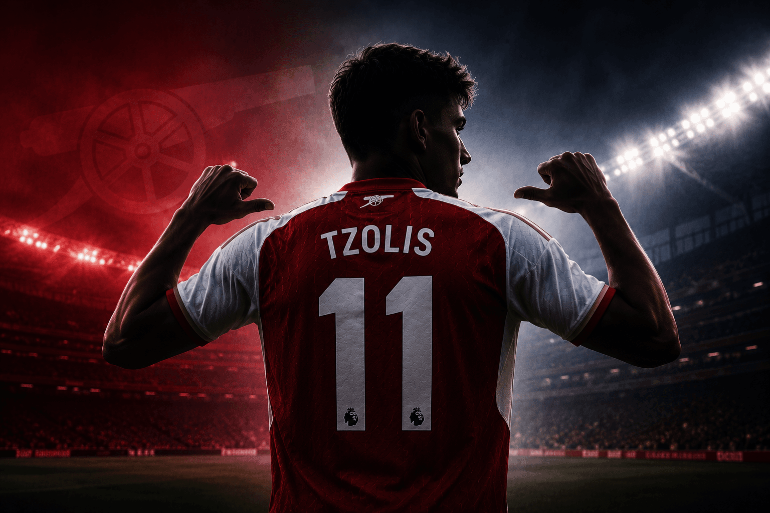 Silhouetted winger walking towards a floodlit stadium in Arsenal-inspired colours following a completed transfer.
