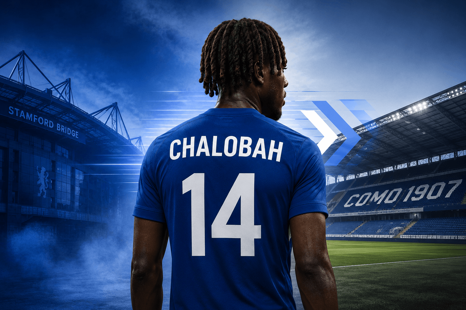 Editorial graphic illustrating Como's reported pursuit of Chelsea defender Trevoh Chalobah.