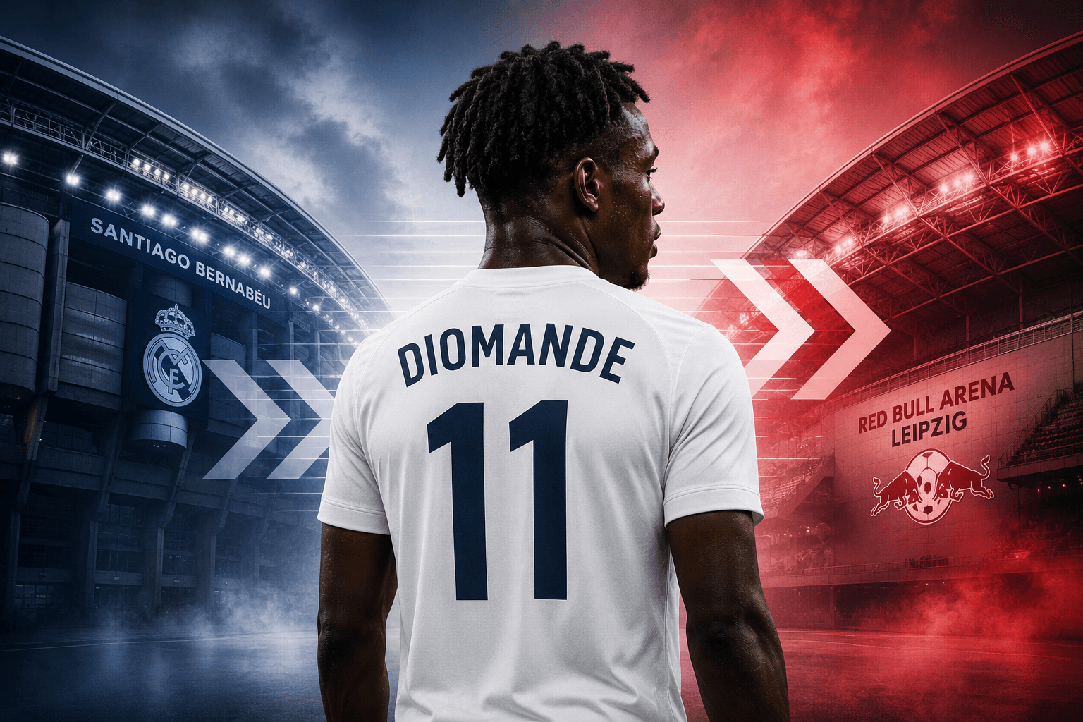 Editorial graphic illustrating Real Madrid's reported pursuit of RB Leipzig winger Yan Diomande.