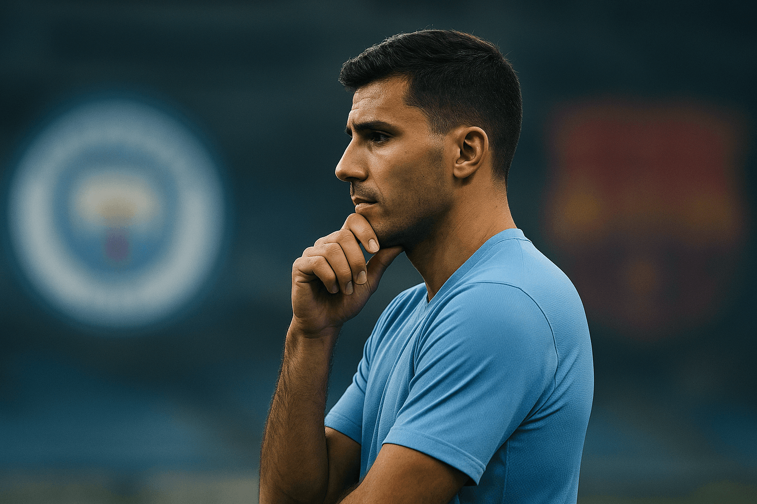 Conceptual image of a football transfer, with abstract Manchester City and Barcelona colours in the background and a player silhouette.