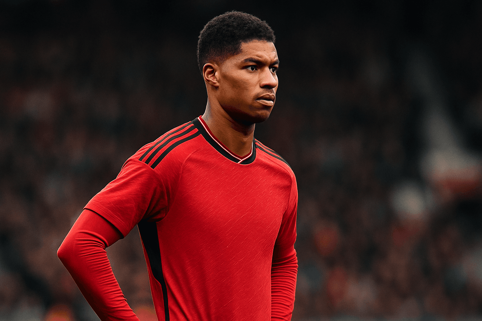 Marcus Rashford in a Manchester United kit looking thoughtful