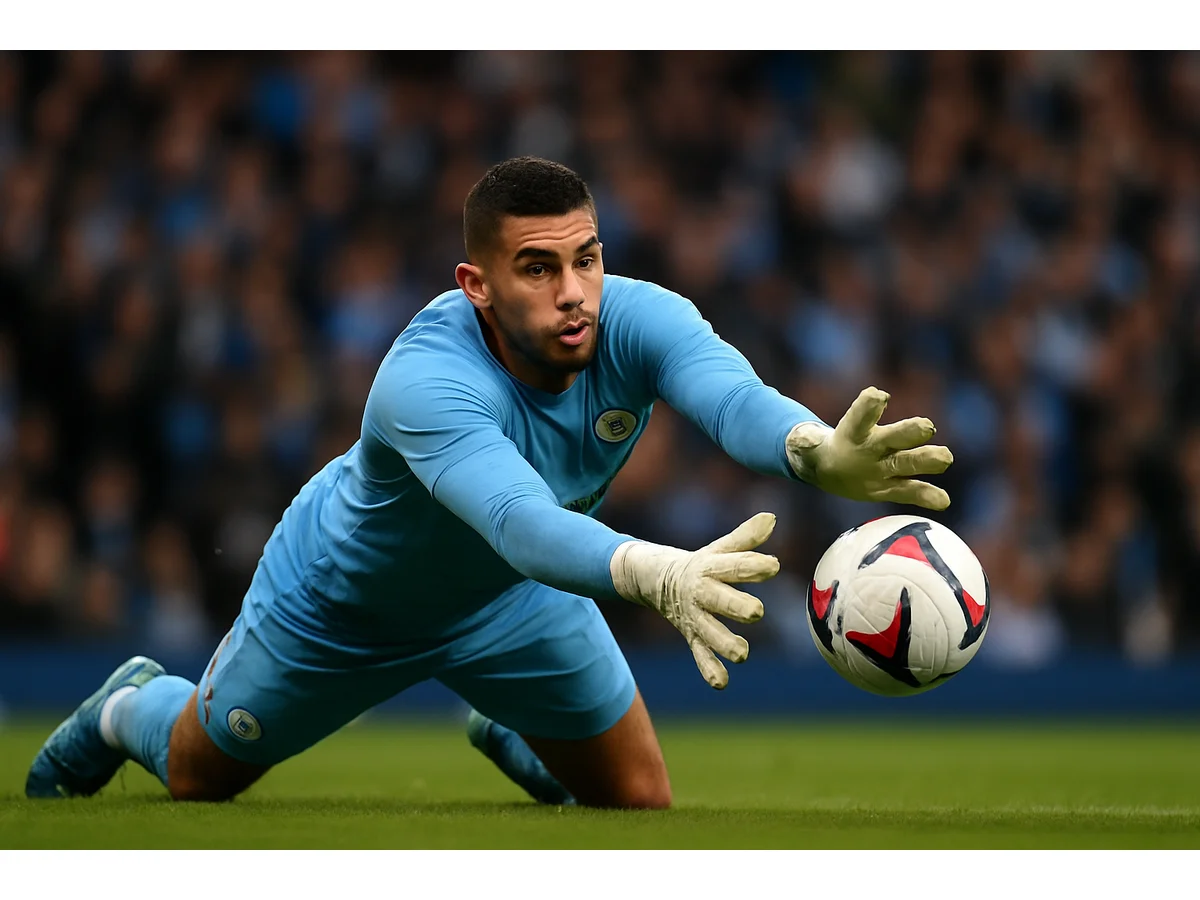 Geronimo Rulli in a Manchester City kit making a save