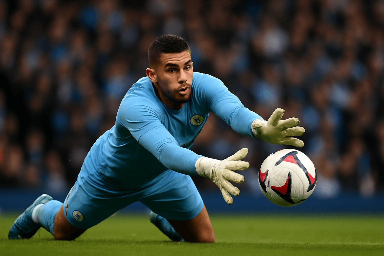 Geronimo Rulli in a Manchester City kit making a save