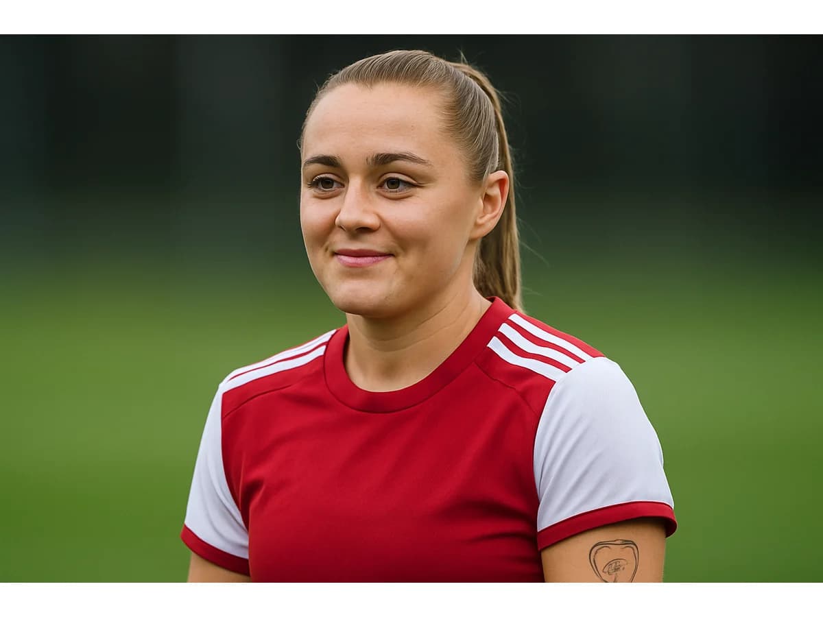 England midfielder Georgia Stanway in an Arsenal kit, showing a tattoo, representing her feeling wanted by the club.